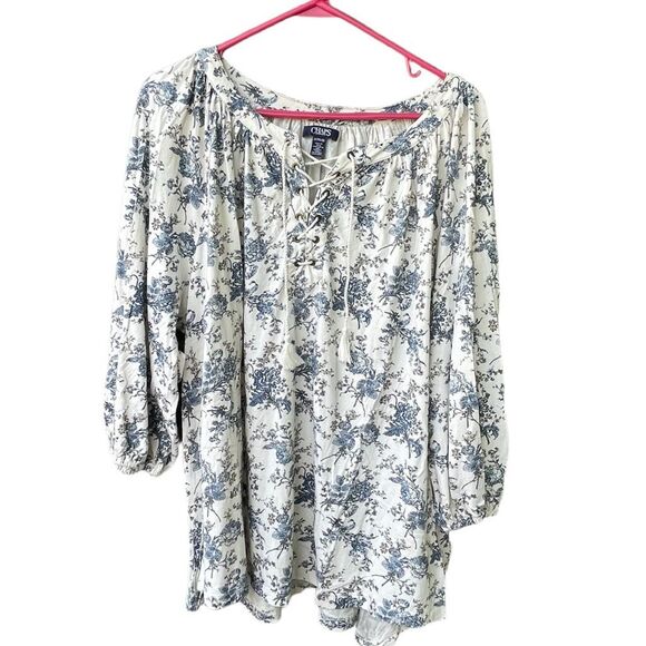 Chaps size 2X floral peasant top lace up neckline with tassels - Picture 1 of 8